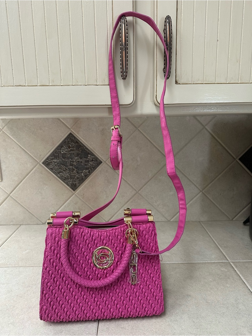 Bebe Hot PinkWoven Crossbody Handbag - Branded Style